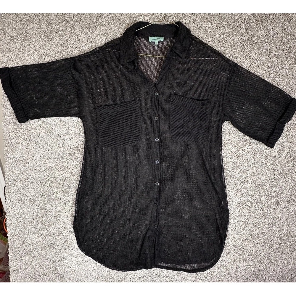Aruba Blue Black Mesh Net Button Front Short Sleeve‎ Shirt Cover Up M Vacation